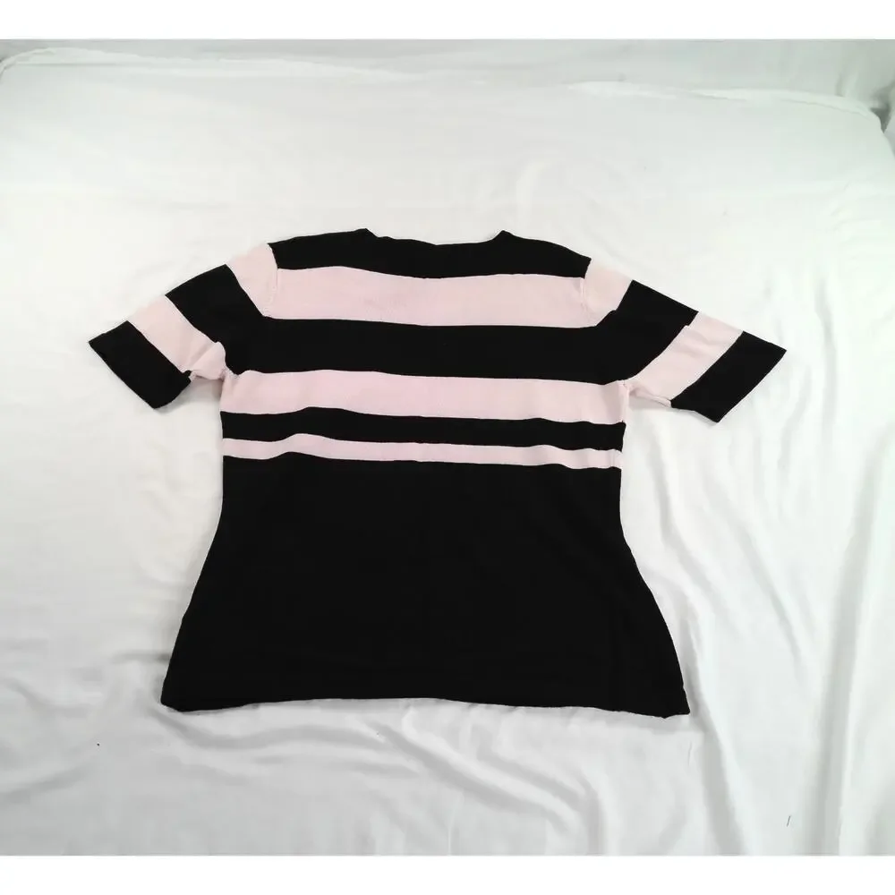Yarnworks Women’s Medium Pink & Black Striped Knit Sweater Top Short Sleeve